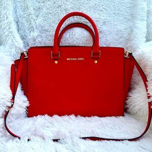 Michael Kors Red Medium Saffiano Leather Convertible Satchel Shoulder purse